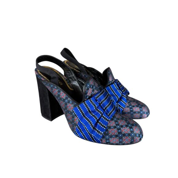 Etro Blue Bow Slingback Heels Sz 40 Brocade Suede Block Heels Made in Italy - Picture 4 of 8